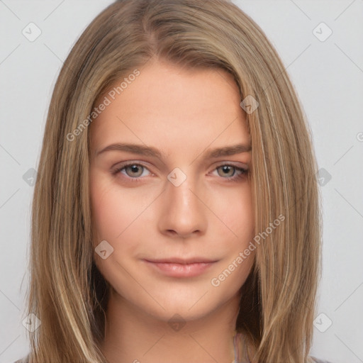 Neutral white young-adult female with long  brown hair and brown eyes