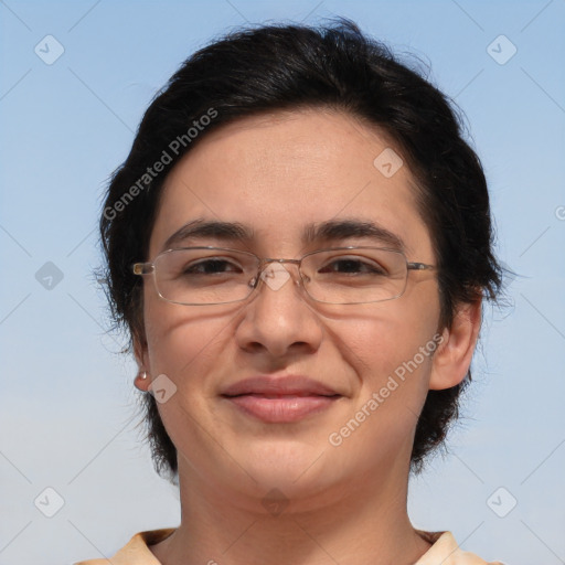 Joyful white adult female with medium  brown hair and brown eyes