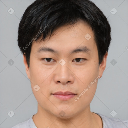 Neutral asian young-adult male with short  black hair and brown eyes