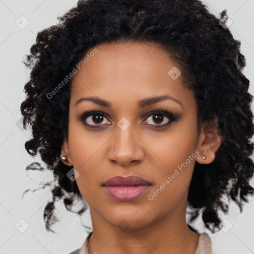 Joyful black young-adult female with medium  black hair and brown eyes