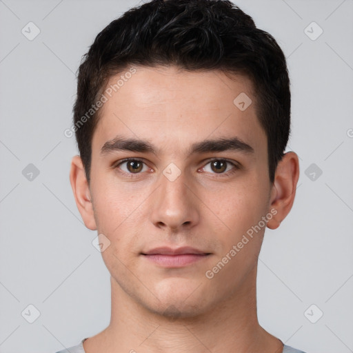 Neutral white young-adult male with short  brown hair and brown eyes