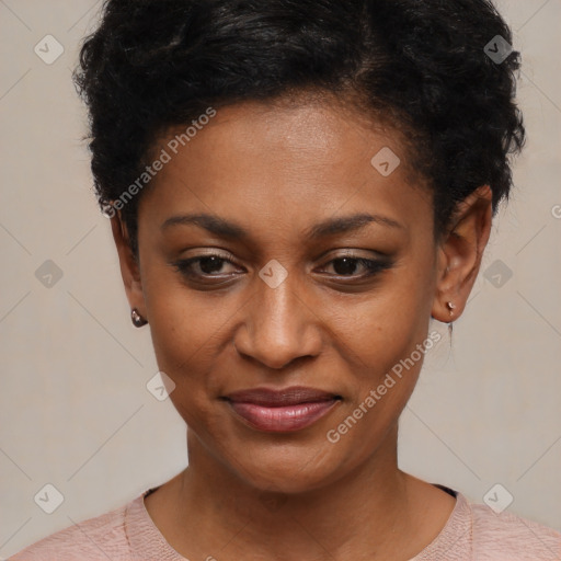 Joyful black young-adult female with short  black hair and brown eyes