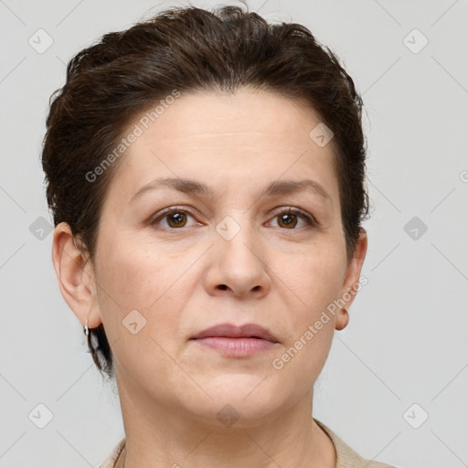 Neutral white adult female with short  brown hair and brown eyes