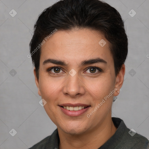 Joyful white young-adult female with short  brown hair and brown eyes