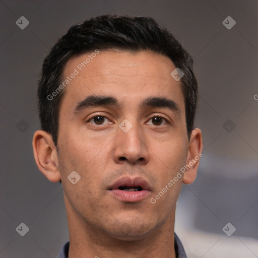 Neutral white adult male with short  black hair and brown eyes