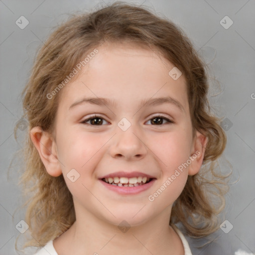 Joyful white child female with medium  brown hair and brown eyes