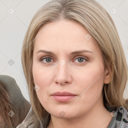 Neutral white young-adult female with medium  brown hair and grey eyes