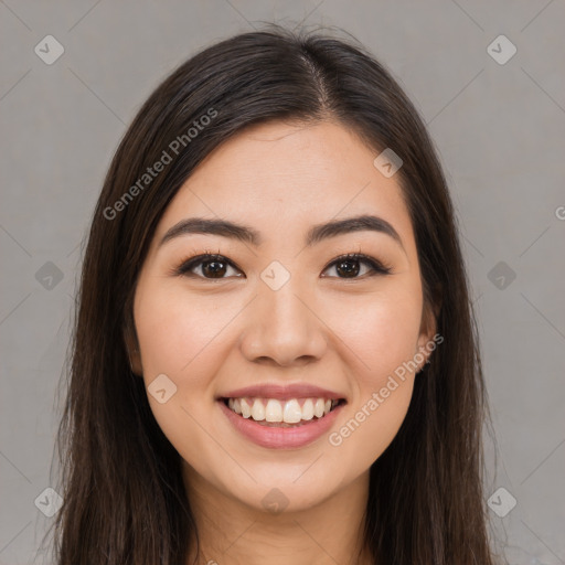 Joyful white young-adult female with long  brown hair and brown eyes