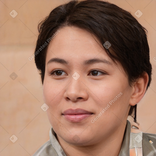 Joyful white young-adult female with medium  brown hair and brown eyes