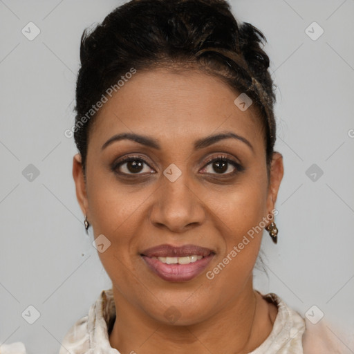 Joyful latino young-adult female with short  brown hair and brown eyes