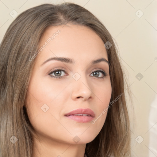 Neutral white young-adult female with long  brown hair and brown eyes