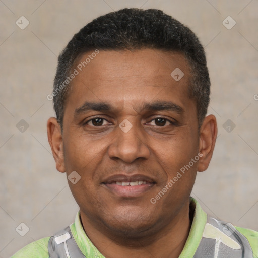 Joyful black adult male with short  black hair and brown eyes