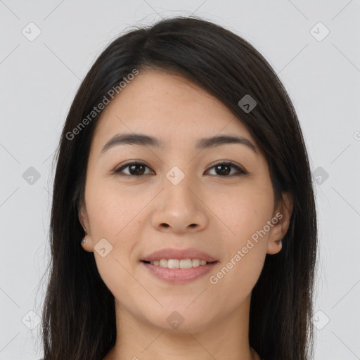 Joyful white young-adult female with long  brown hair and brown eyes