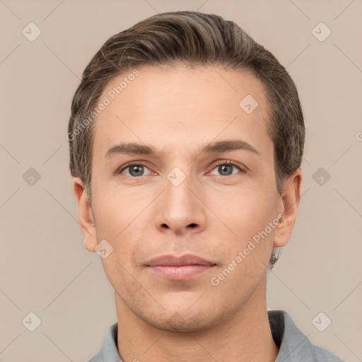 Neutral white young-adult male with short  brown hair and brown eyes