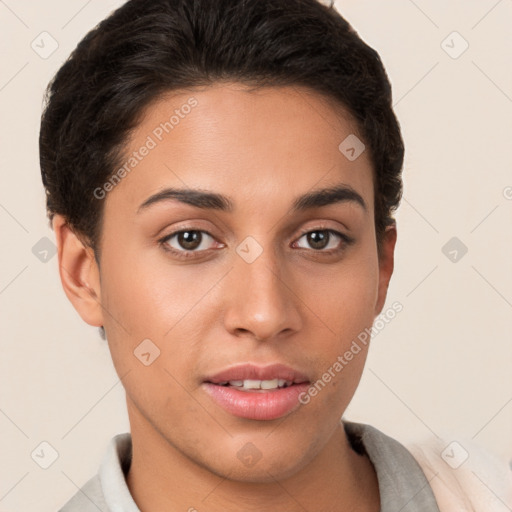 Joyful white young-adult female with short  brown hair and brown eyes