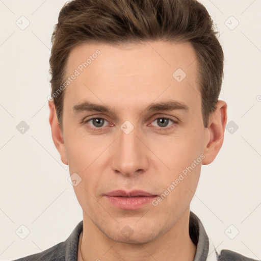 Neutral white young-adult male with short  brown hair and brown eyes