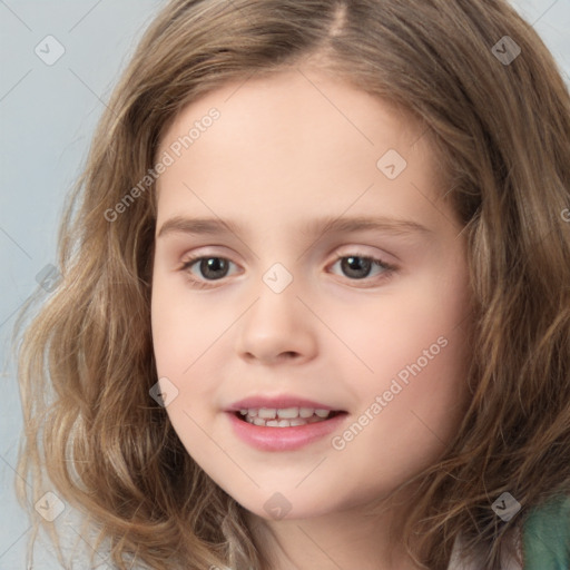 Joyful white child female with long  brown hair and brown eyes