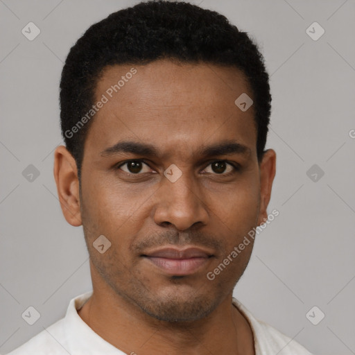 Neutral black young-adult male with short  black hair and brown eyes
