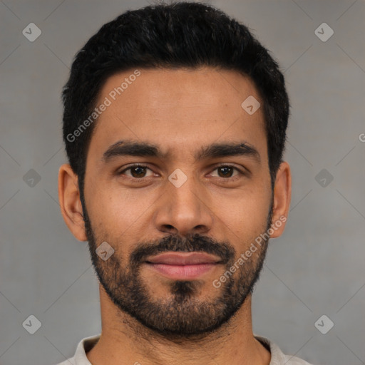 Joyful latino young-adult male with short  black hair and brown eyes