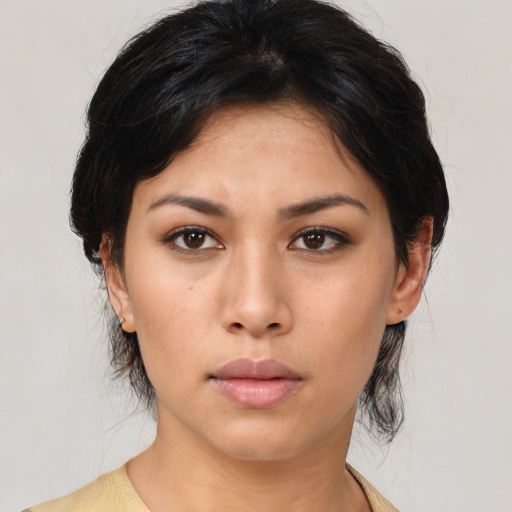 Neutral asian young-adult female with medium  black hair and brown eyes