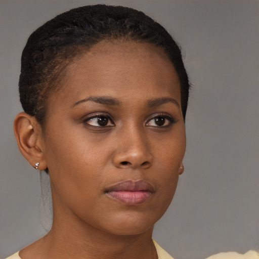 Neutral black young-adult female with short  brown hair and brown eyes