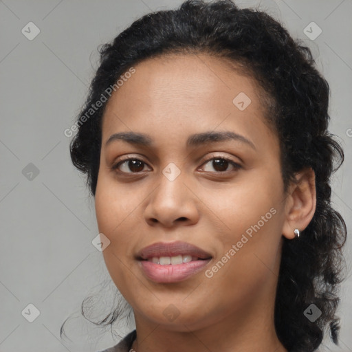 Joyful latino young-adult female with medium  black hair and brown eyes