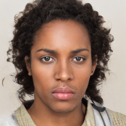 Neutral black young-adult female with medium  brown hair and brown eyes