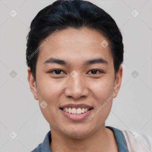 Joyful asian young-adult male with short  black hair and brown eyes