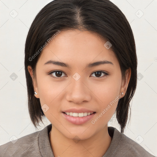 Joyful white young-adult female with medium  brown hair and brown eyes