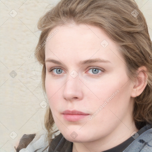 Neutral white young-adult female with medium  brown hair and blue eyes