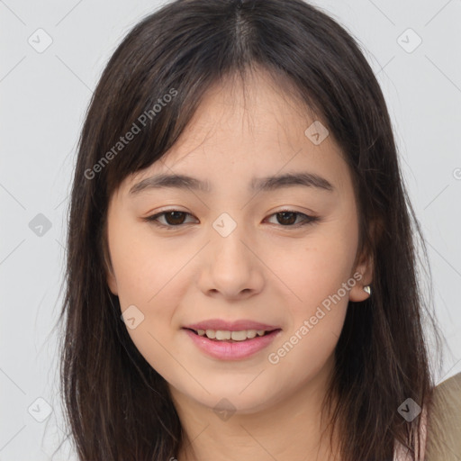 Joyful asian young-adult female with long  brown hair and brown eyes