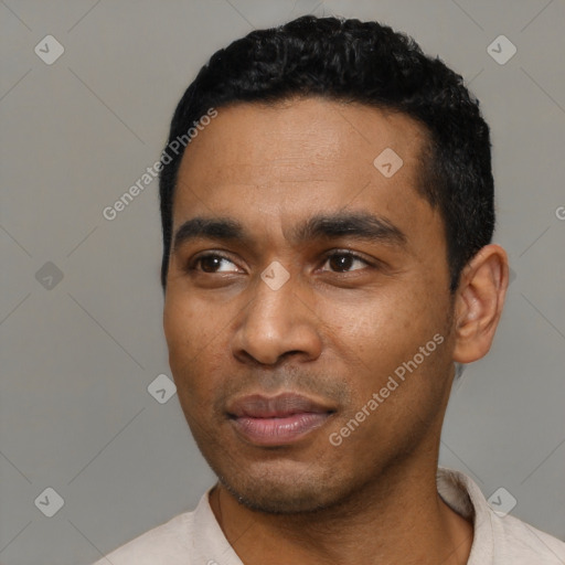 Neutral latino young-adult male with short  black hair and brown eyes