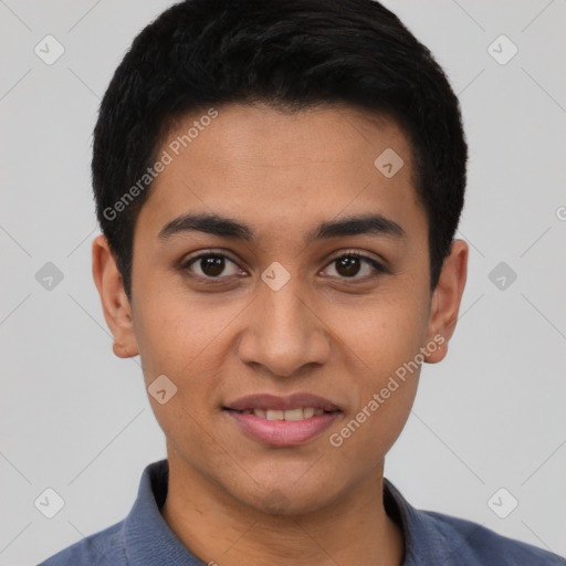 Joyful latino young-adult male with short  brown hair and brown eyes