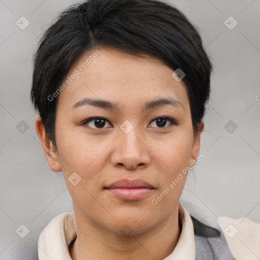 Joyful asian young-adult female with short  brown hair and brown eyes