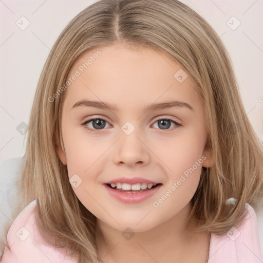 Joyful white child female with medium  brown hair and brown eyes