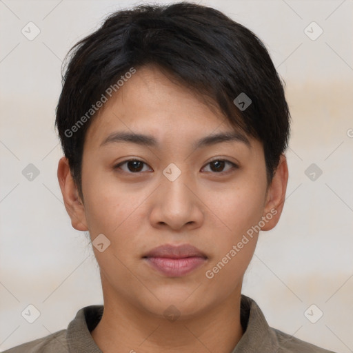 Joyful latino young-adult female with short  brown hair and brown eyes