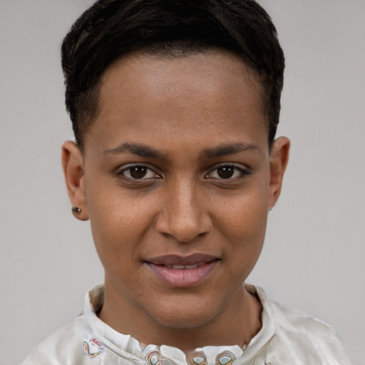 Joyful white young-adult female with short  brown hair and brown eyes