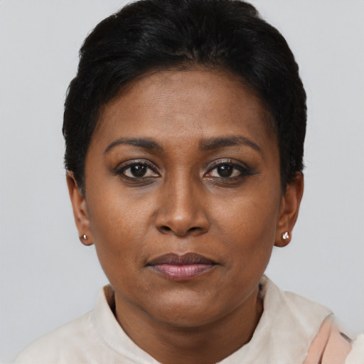 Neutral black adult female with short  brown hair and brown eyes