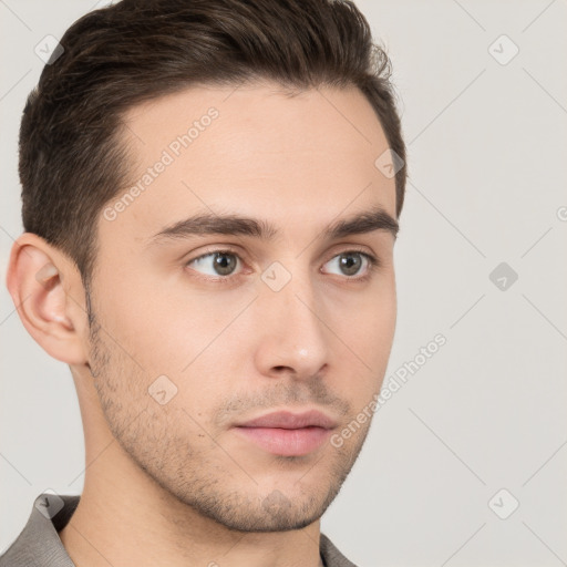 Neutral white young-adult male with short  brown hair and brown eyes