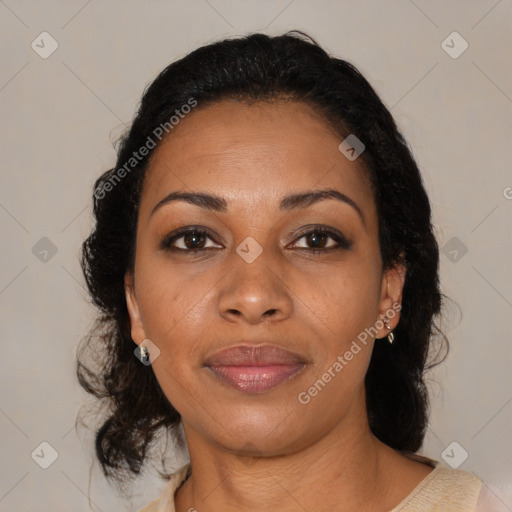 Joyful black young-adult female with medium  brown hair and brown eyes