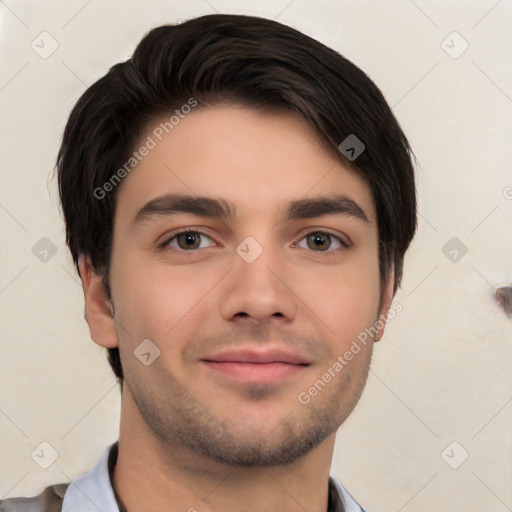 Neutral white young-adult male with short  black hair and brown eyes