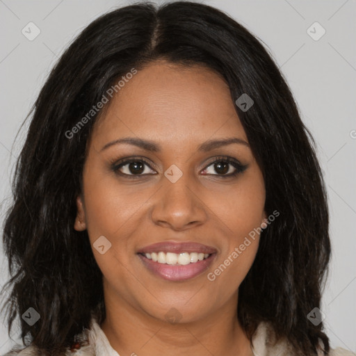 Joyful black young-adult female with medium  brown hair and brown eyes