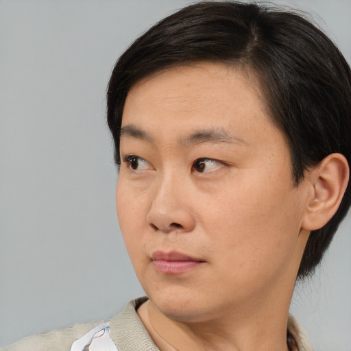 Neutral asian adult male with medium  brown hair and brown eyes