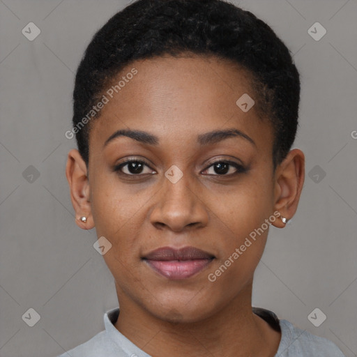 Joyful black young-adult female with short  brown hair and brown eyes