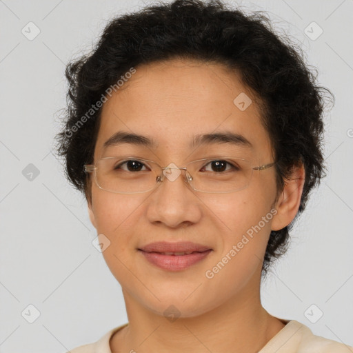 Joyful latino young-adult female with short  brown hair and brown eyes