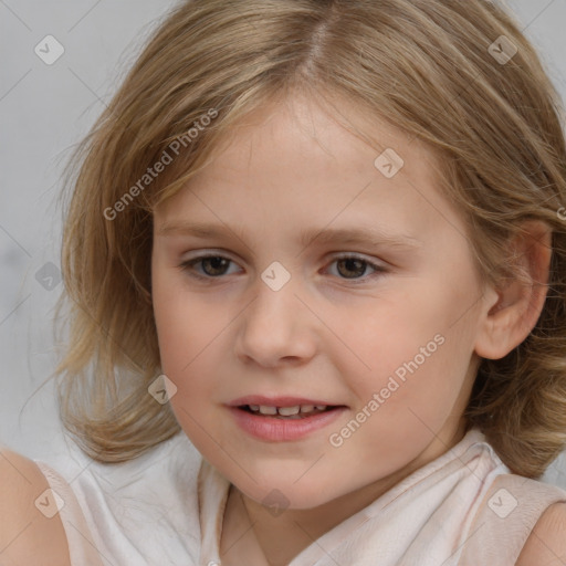 Joyful white child female with medium  brown hair and brown eyes