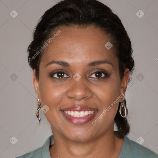 Joyful black young-adult female with medium  brown hair and brown eyes