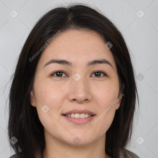 Joyful white young-adult female with medium  brown hair and brown eyes