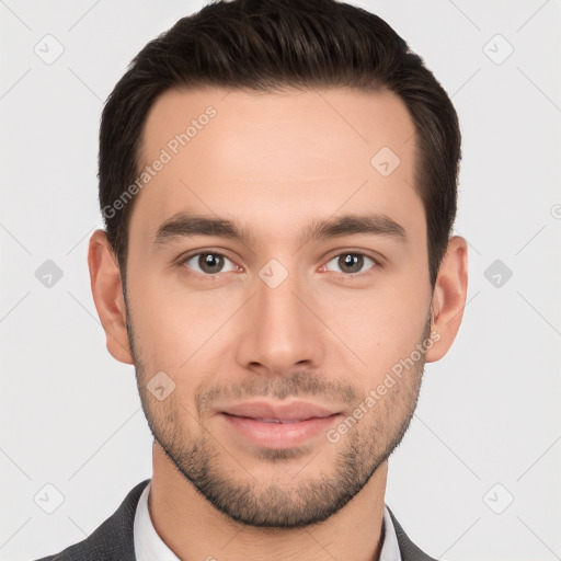 Joyful white young-adult male with short  brown hair and brown eyes