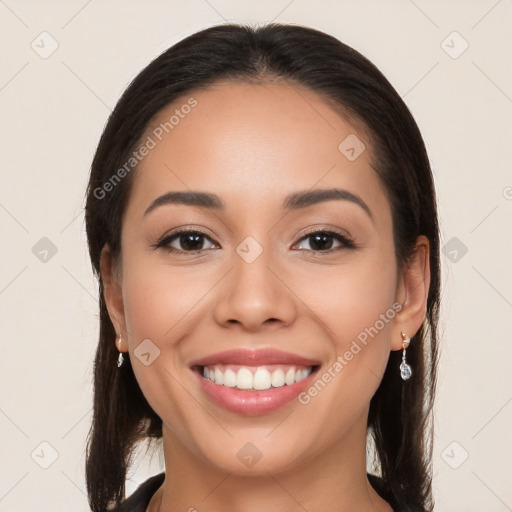 Joyful white young-adult female with long  brown hair and brown eyes